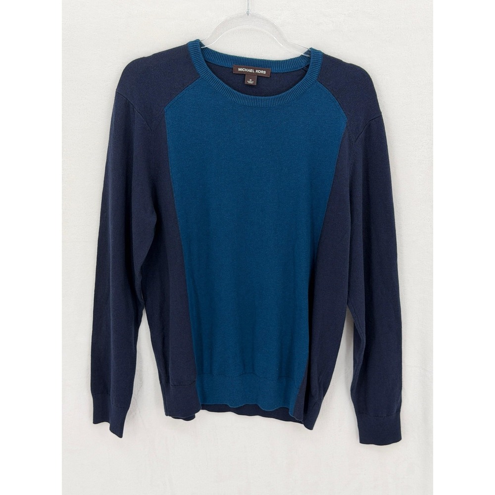 Michael Kors Sweater Mens Medium Navy Color Block Raglan‎ Crew Neck Wool Cotton